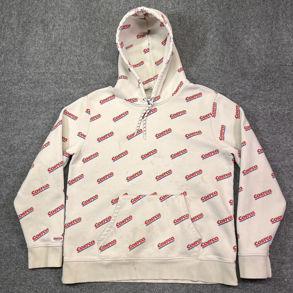 Costco Kirkland Signature Hoodie Mens Large White Fleece Pullover Sweatshirt